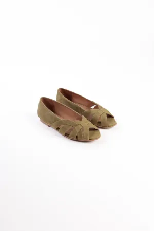 AMELIA DARK GREEN - Peep-Toe Ballet Flats with Crossover Straps