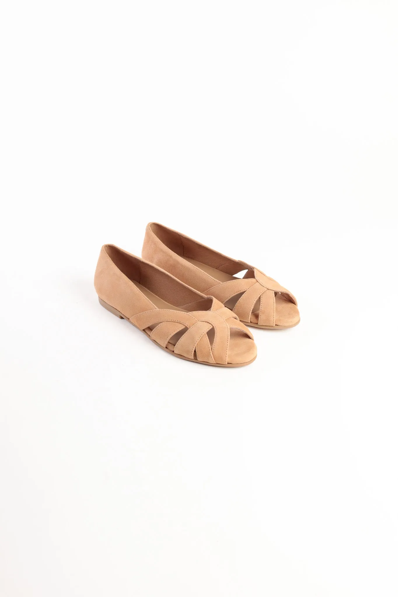 AMELIA NUT- Peep-Toe Ballet Flats with Crossover Straps