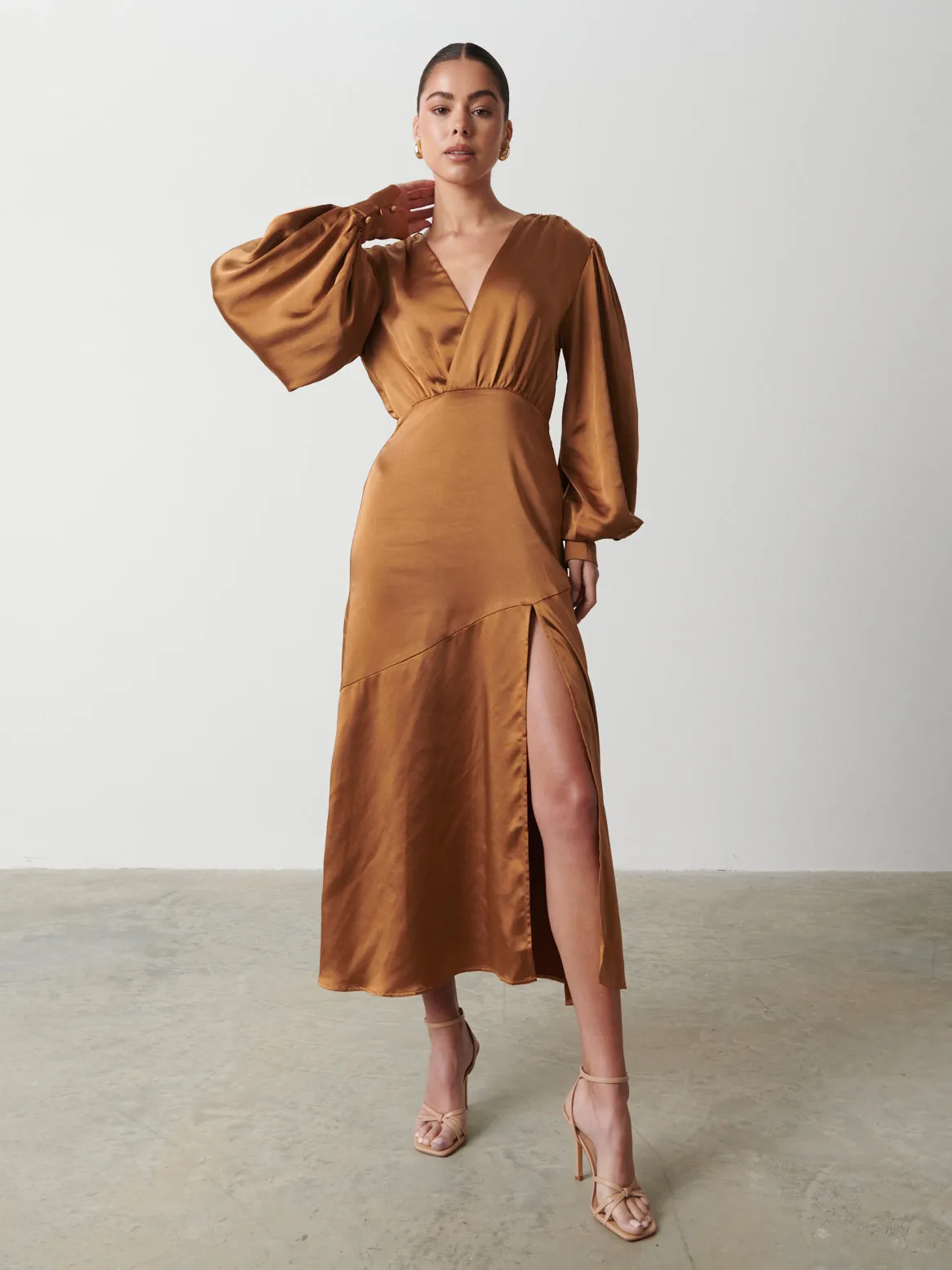 Annalise Backless Balloon Sleeve Satin Dress - Ginger