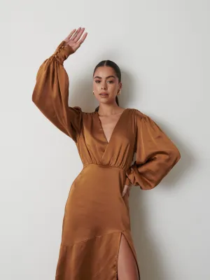 Annalise Backless Balloon Sleeve Satin Dress - Ginger