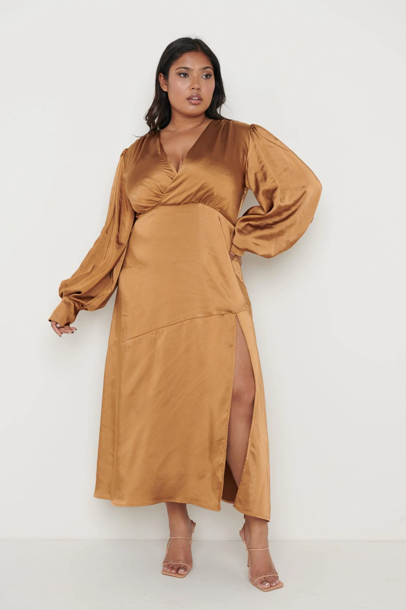 Annalise Backless Balloon Sleeve Satin Dress - Ginger