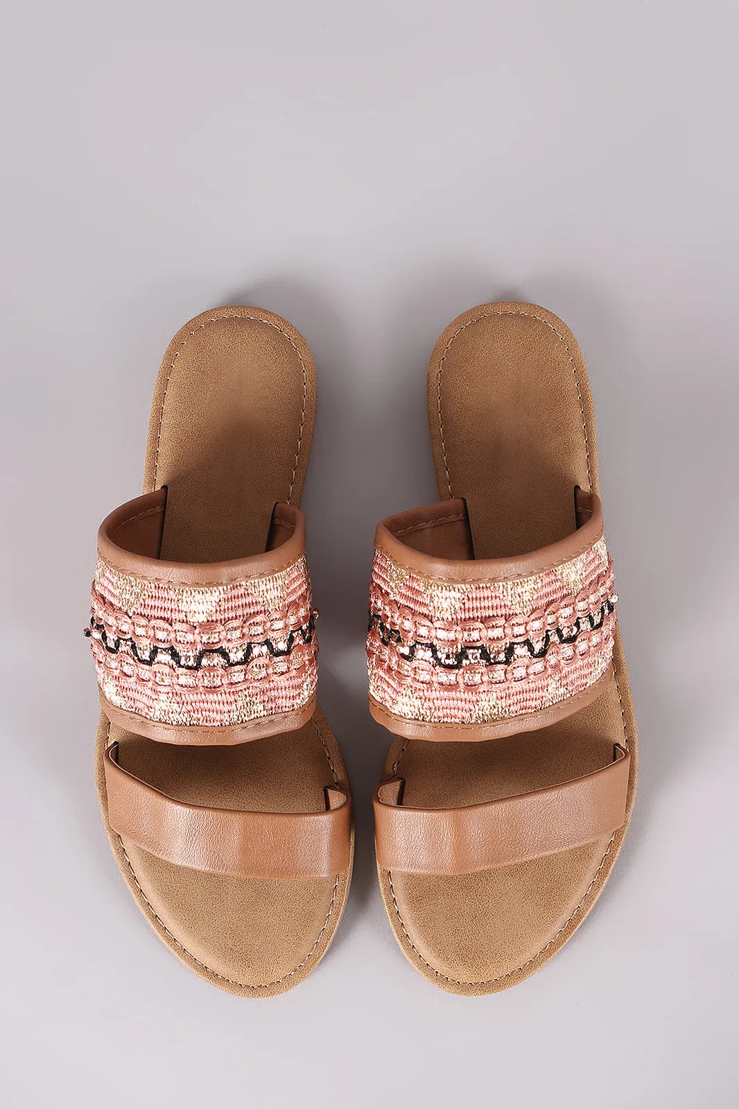 Bamboo Embroidery Double Band Slide Sandal