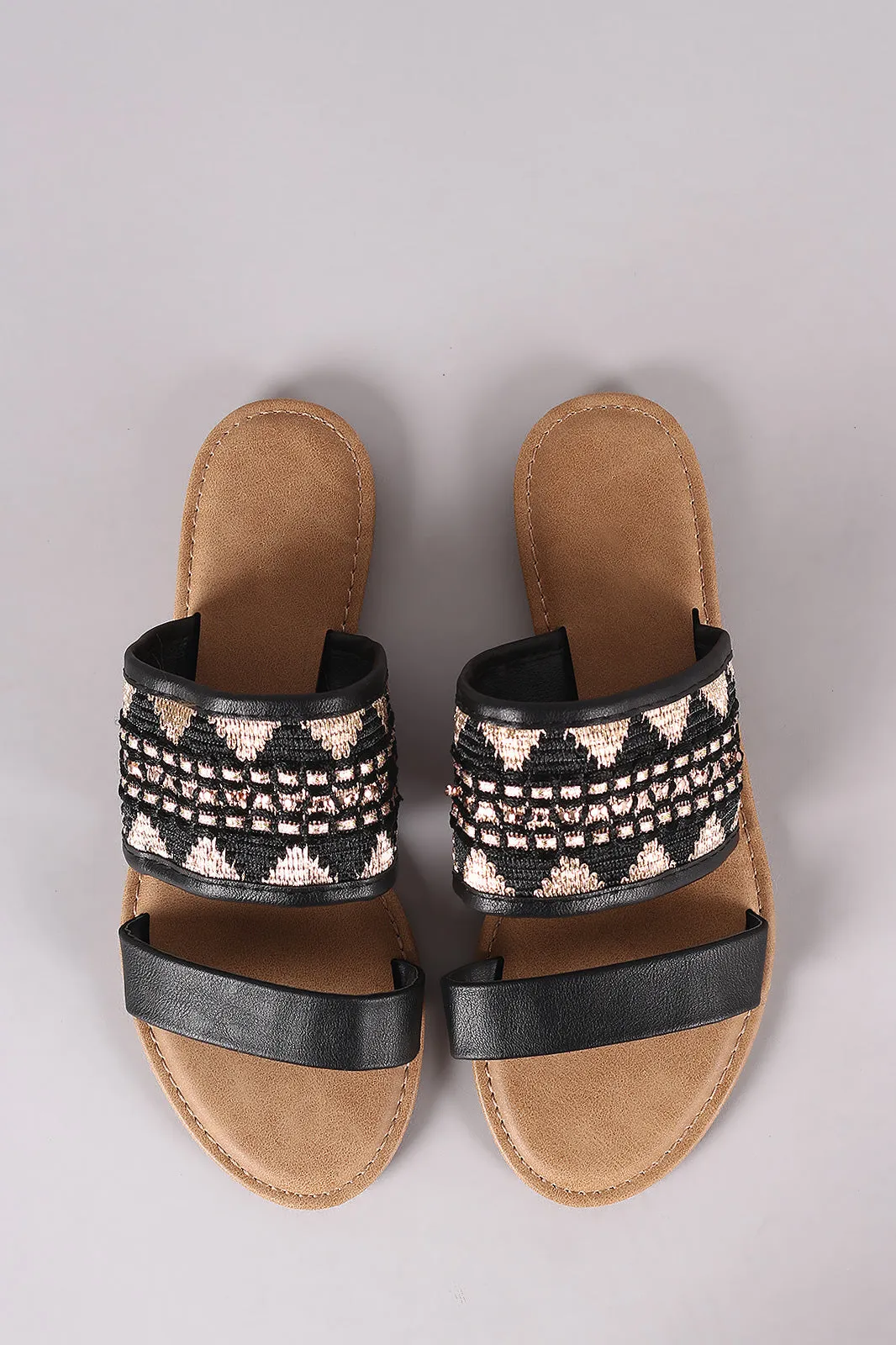 Bamboo Embroidery Double Band Slide Sandal