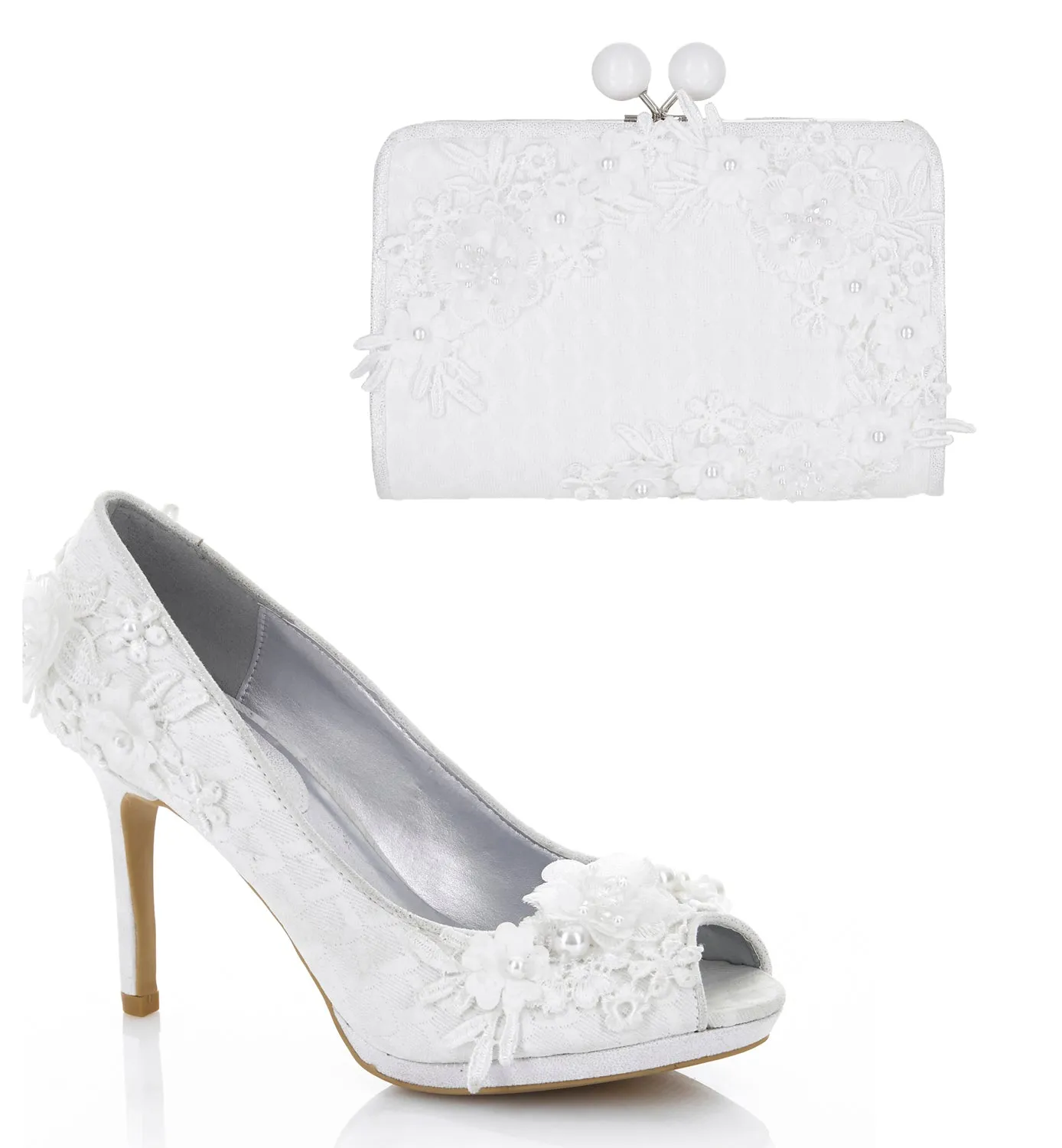 Bianca Ivory Pearl Detail Peeptoe Bridal Shoes & Matching Riga Bag by Ruby Shoo