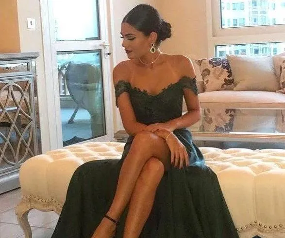 Elegant Off the Shoulder Best Prom Dresses Dark Green Side Slit Evening Dresses