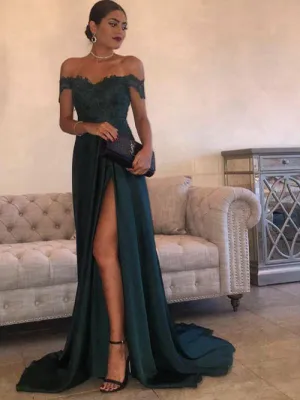 Elegant Off the Shoulder Best Prom Dresses Dark Green Side Slit Evening Dresses