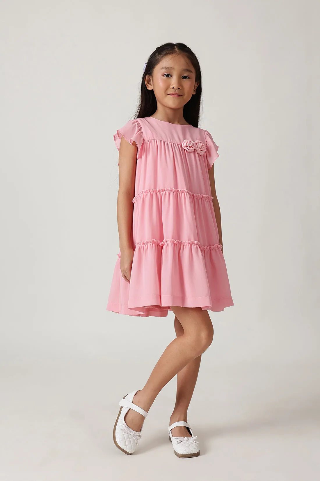 Girls Pink Fitted & Flared Frill Sleeve Solid Dress by One Friday