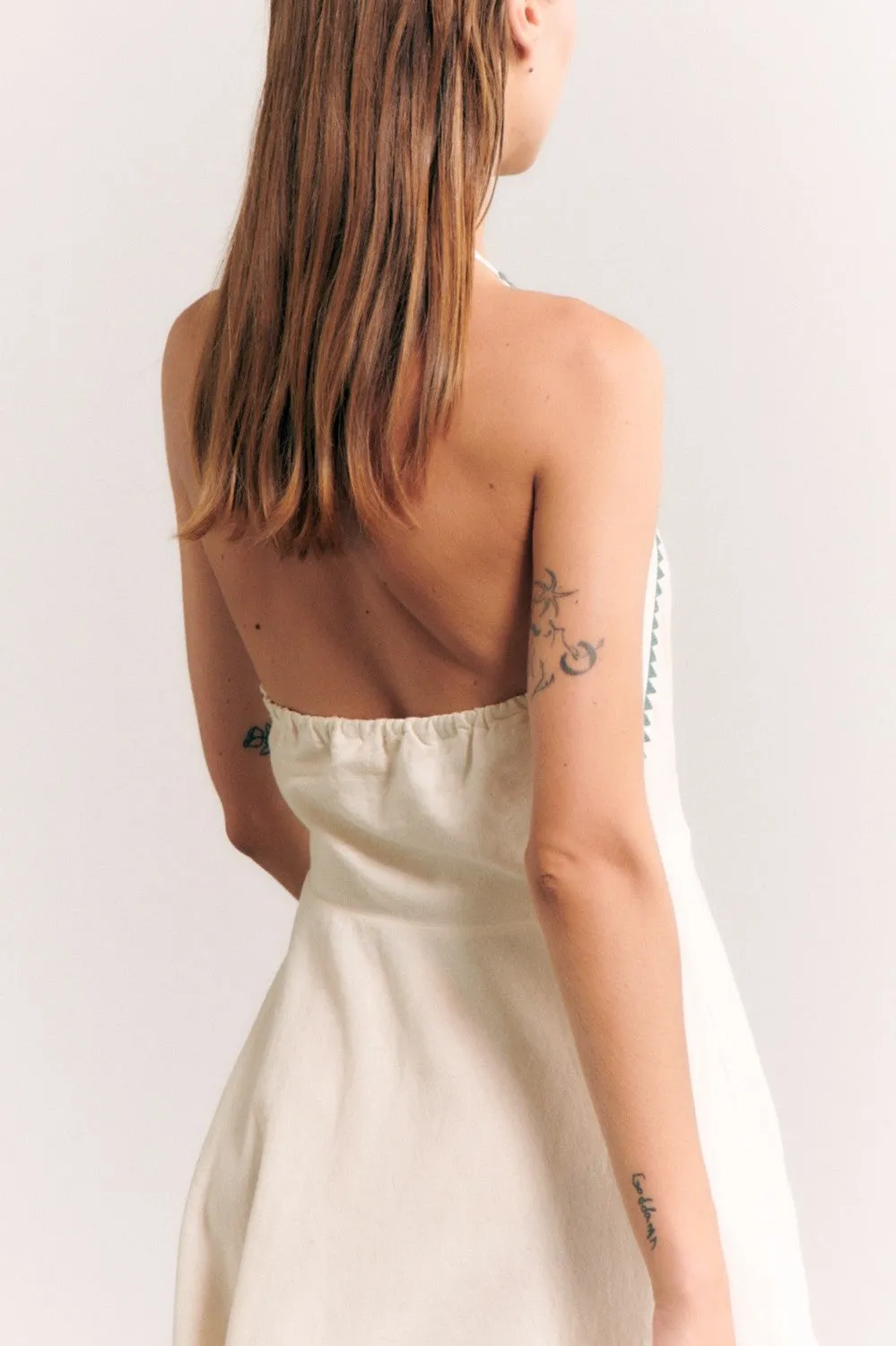 Greece Off White With Teal Stitching Halter Dress