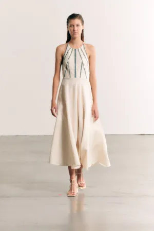 Greece Off White With Teal Stitching Halter Dress