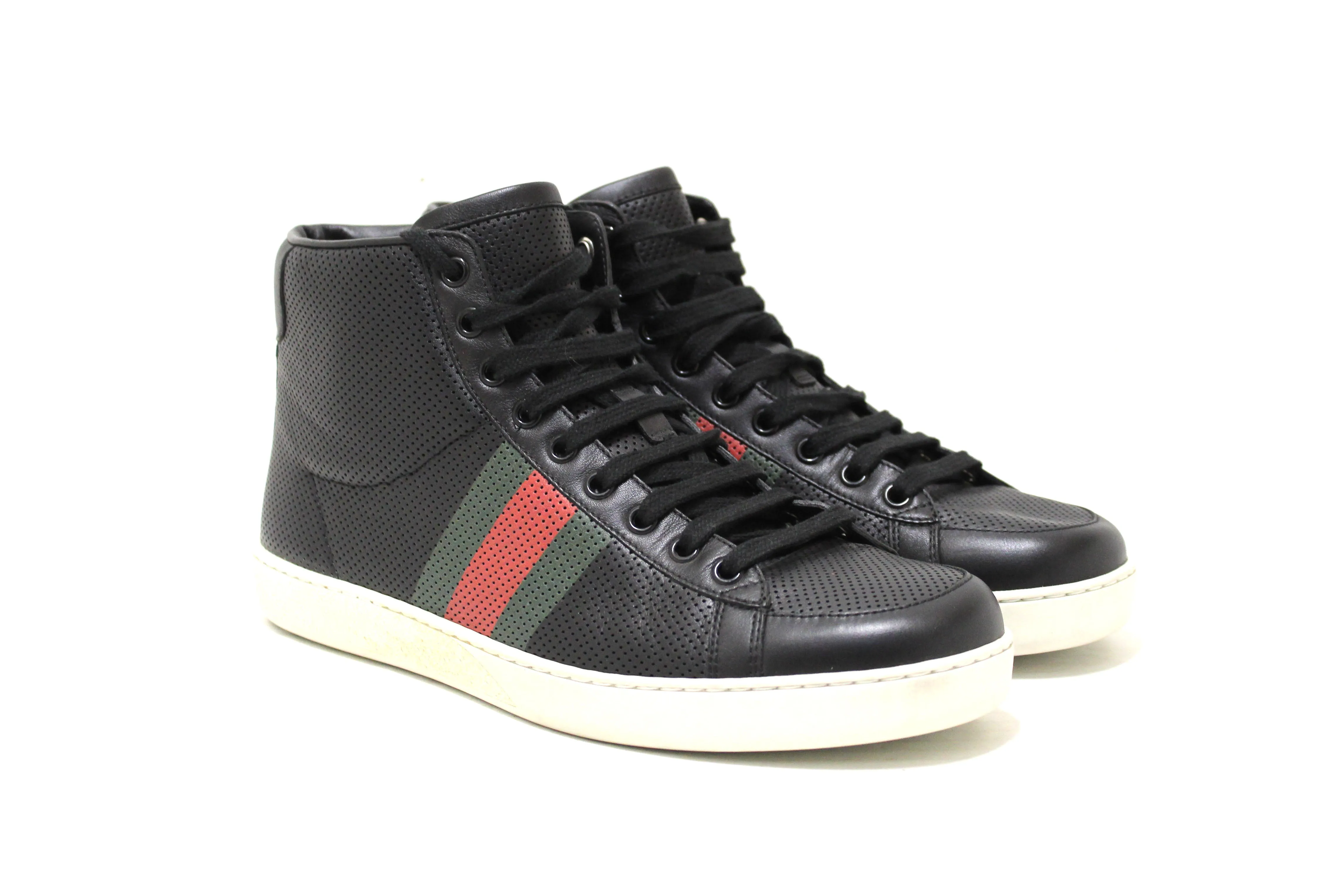 Gucci Men's Black Perforated Leather High Tops Sneakers Size 7.5