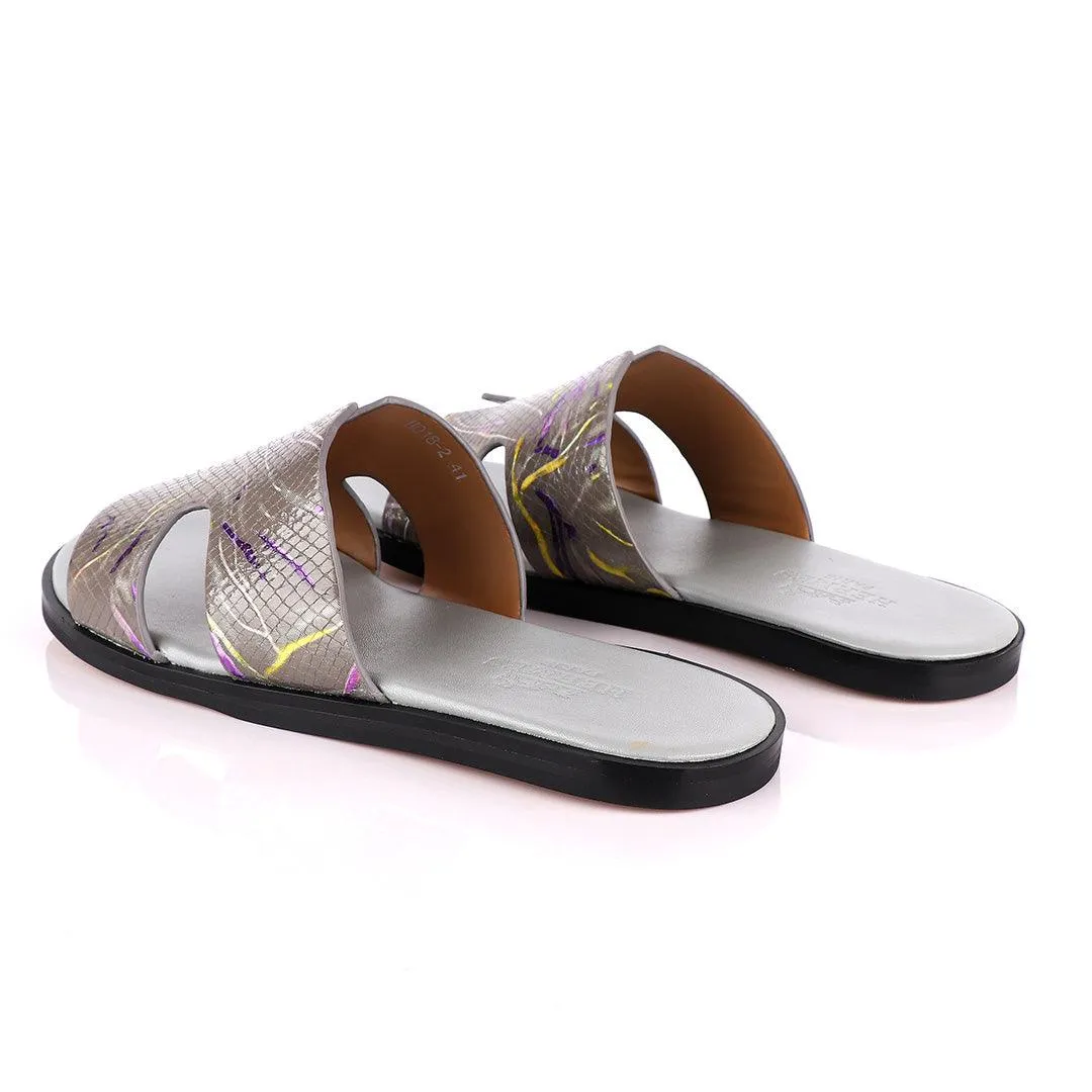 Hermes Paris Grey With Purple and Yellow Design Leather Slippers