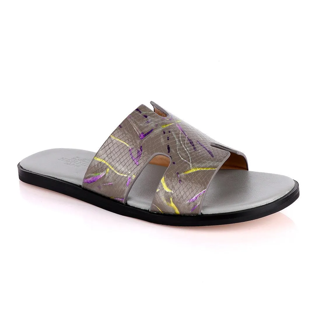 Hermes Paris Grey With Purple and Yellow Design Leather Slippers