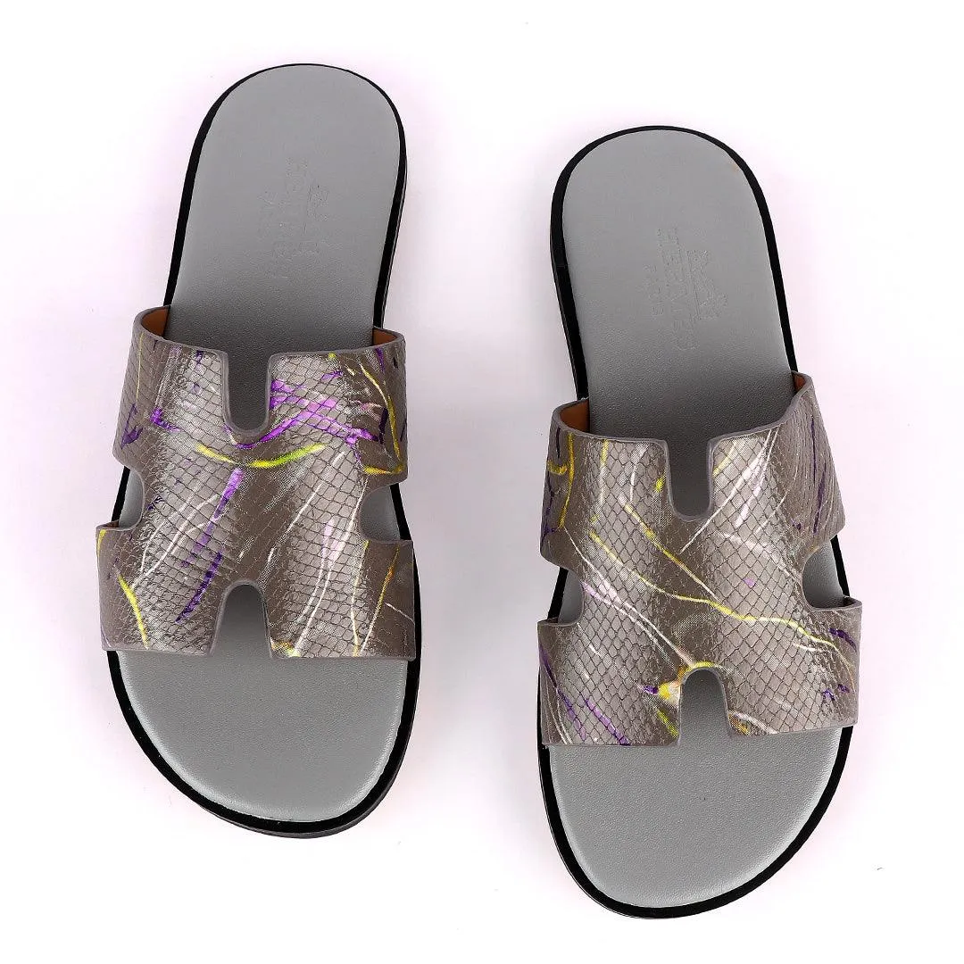 Hermes Paris Grey With Purple and Yellow Design Leather Slippers