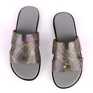 Hermes Paris Grey With Purple and Yellow Design Leather Slippers