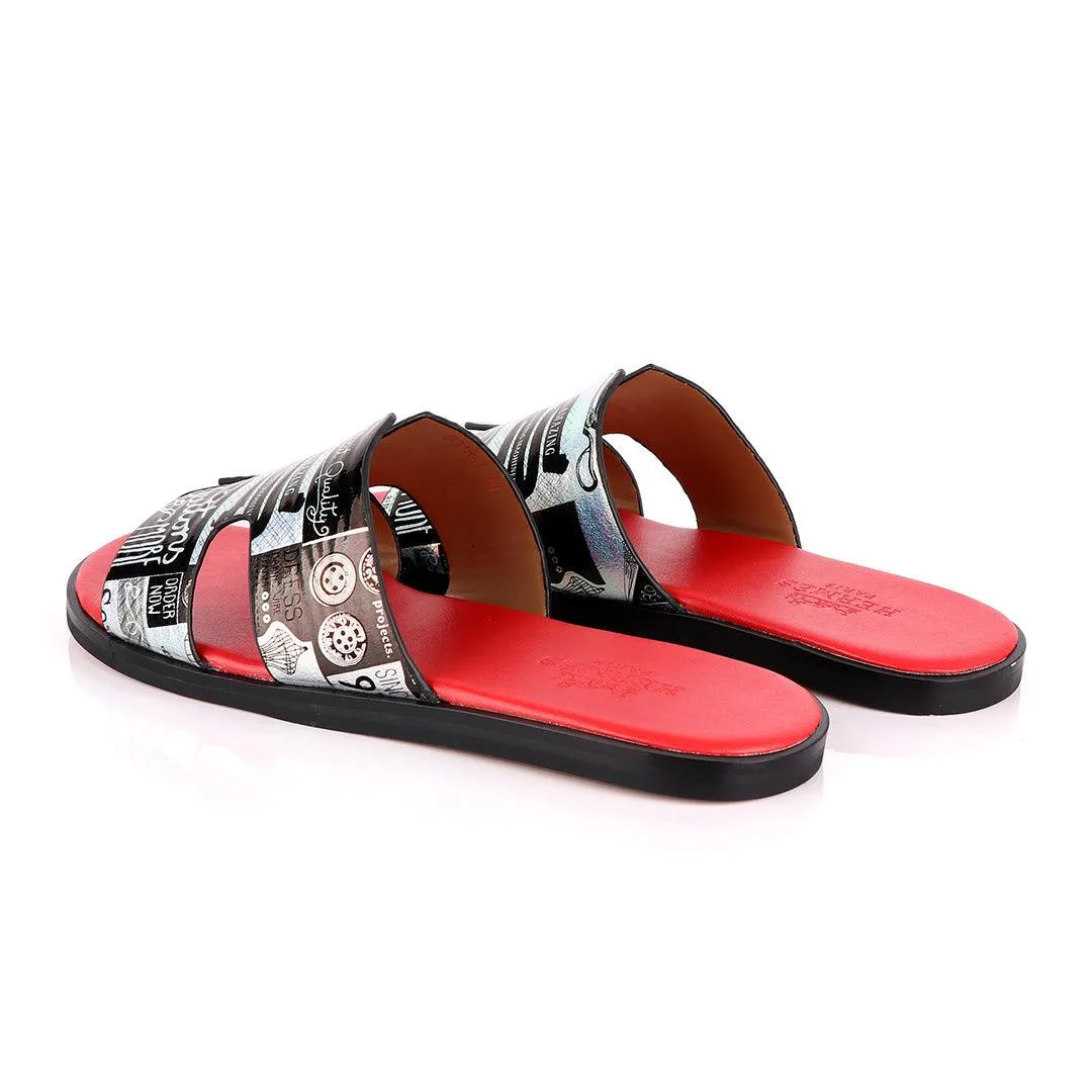 Hermes Paris Silver With Black Design and Red Foot Lay Leather Slippers
