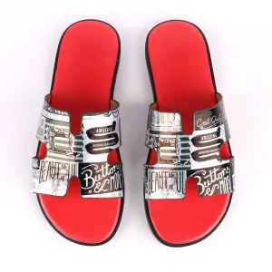 Hermes Paris Silver With Black Design and Red Foot Lay Leather Slippers