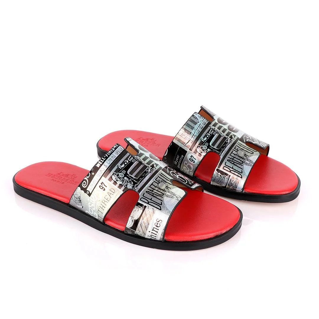 Hermes Paris Silver With Black Design and Red Foot Lay Leather Slippers