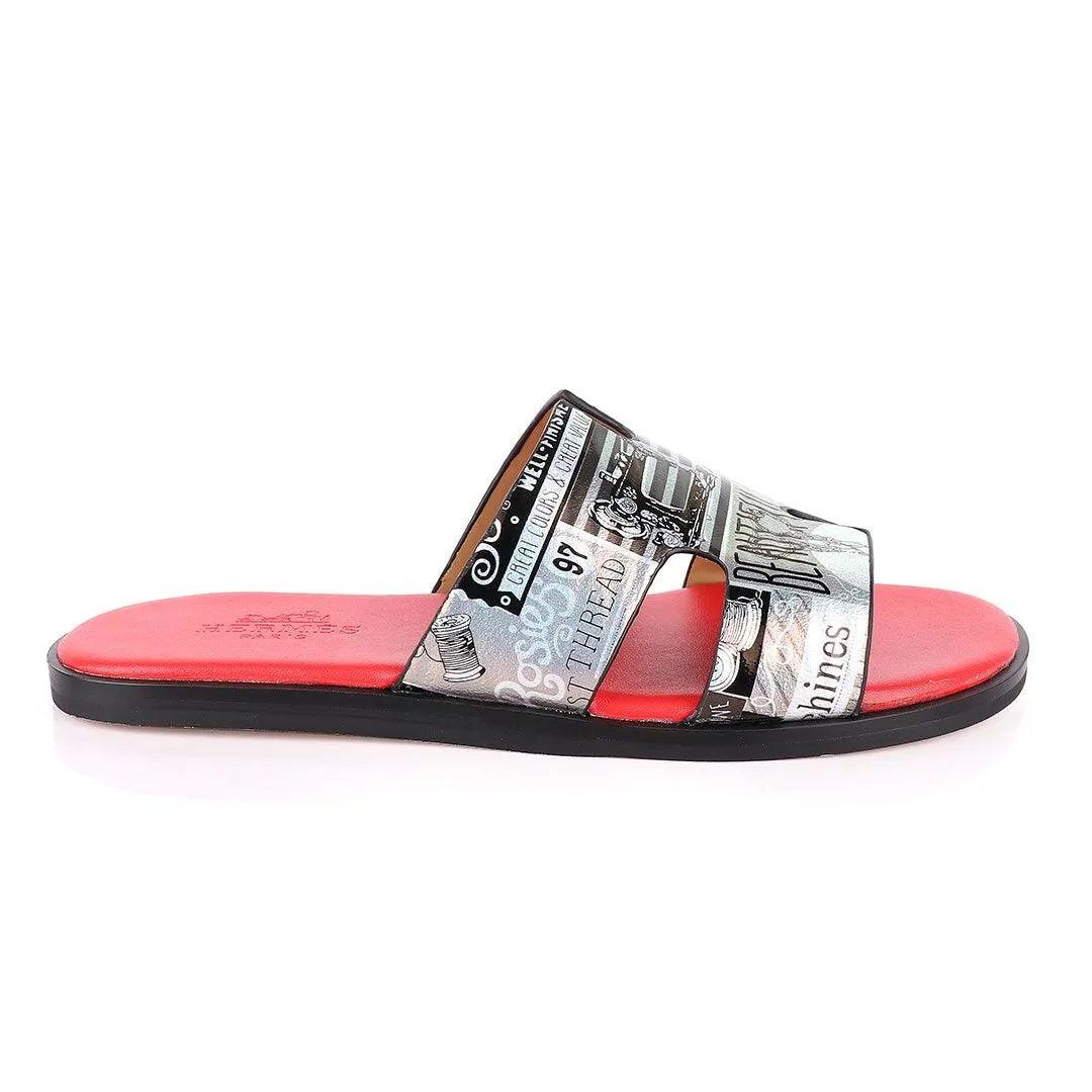 Hermes Paris Silver With Black Design and Red Foot Lay Leather Slippers