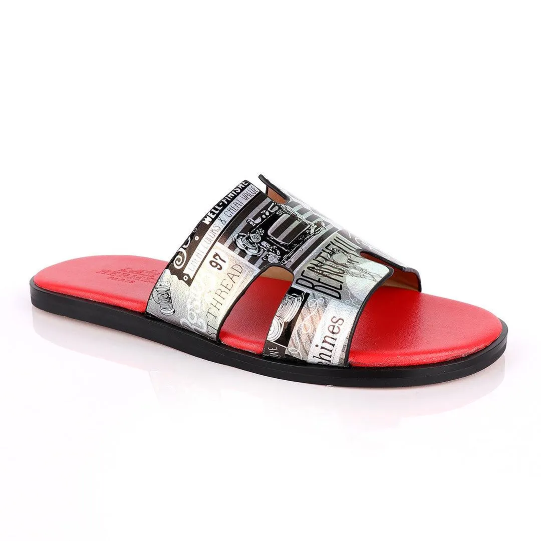 Hermes Paris Silver With Black Design and Red Foot Lay Leather Slippers