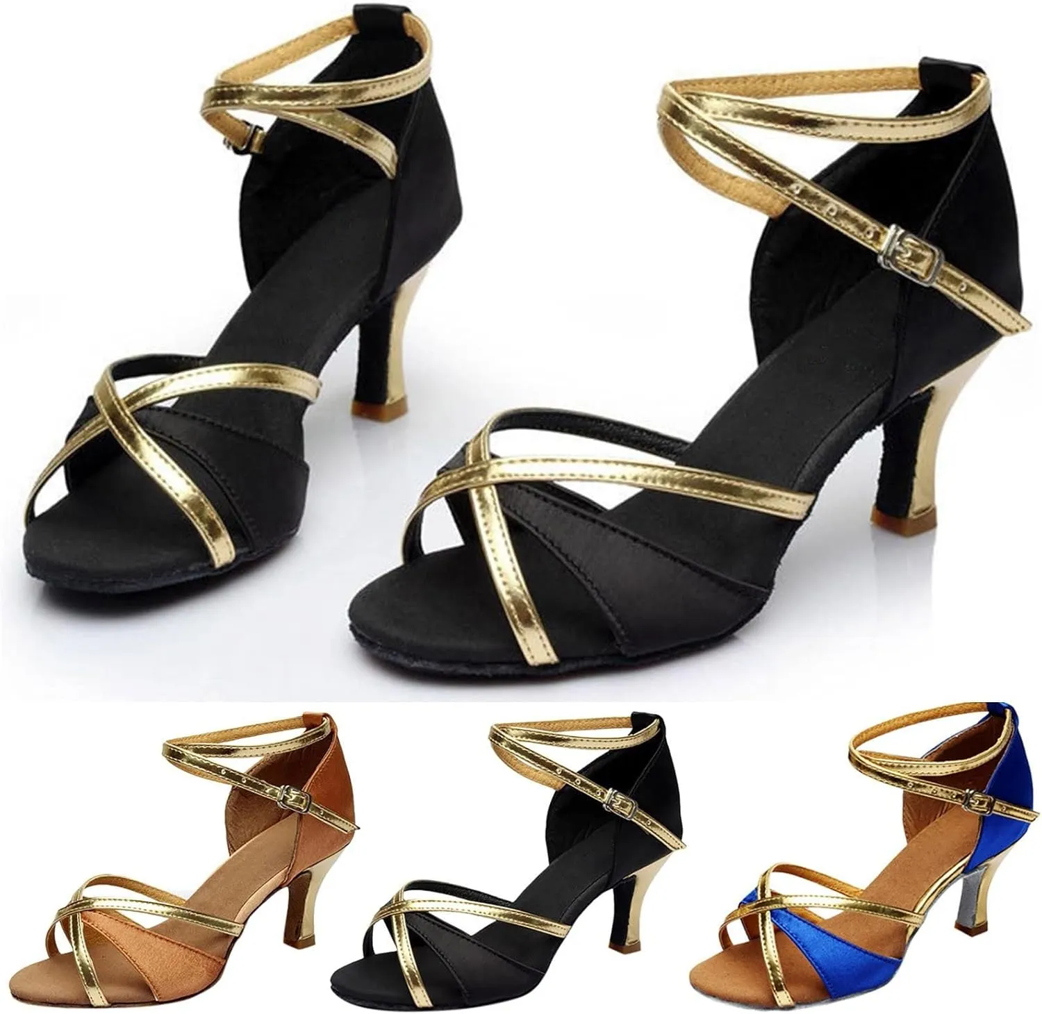 High Heels for Women Latin Dance Shoes Open Toe Heels with Ankle Strap Satin Ballroom Practice Performance Shoes