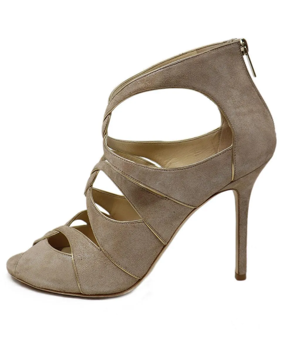 Jimmy Choo Taupe Suede & Gold Leather Heels sz 10