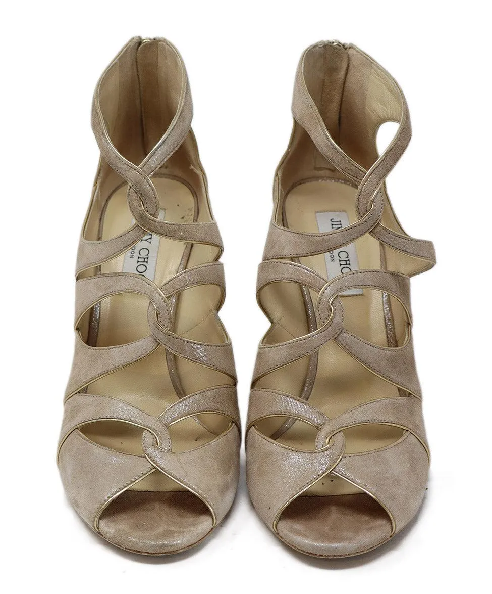 Jimmy Choo Taupe Suede & Gold Leather Heels sz 10