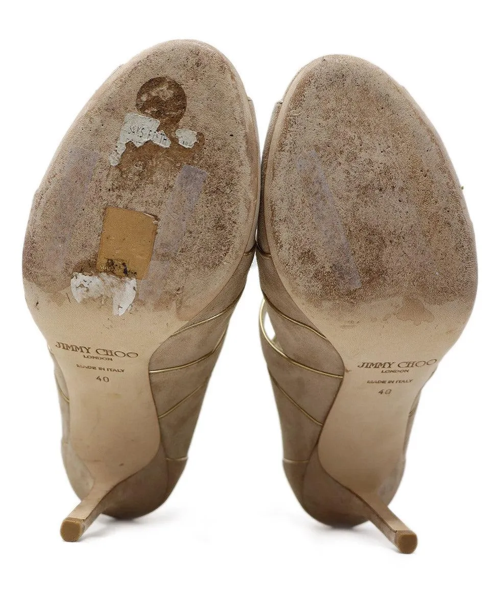 Jimmy Choo Taupe Suede & Gold Leather Heels sz 10