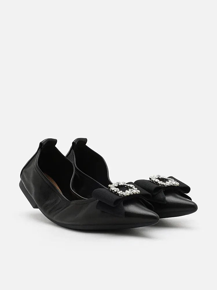 Leslie Diamante Bow Pointed Toe Foldable Flats