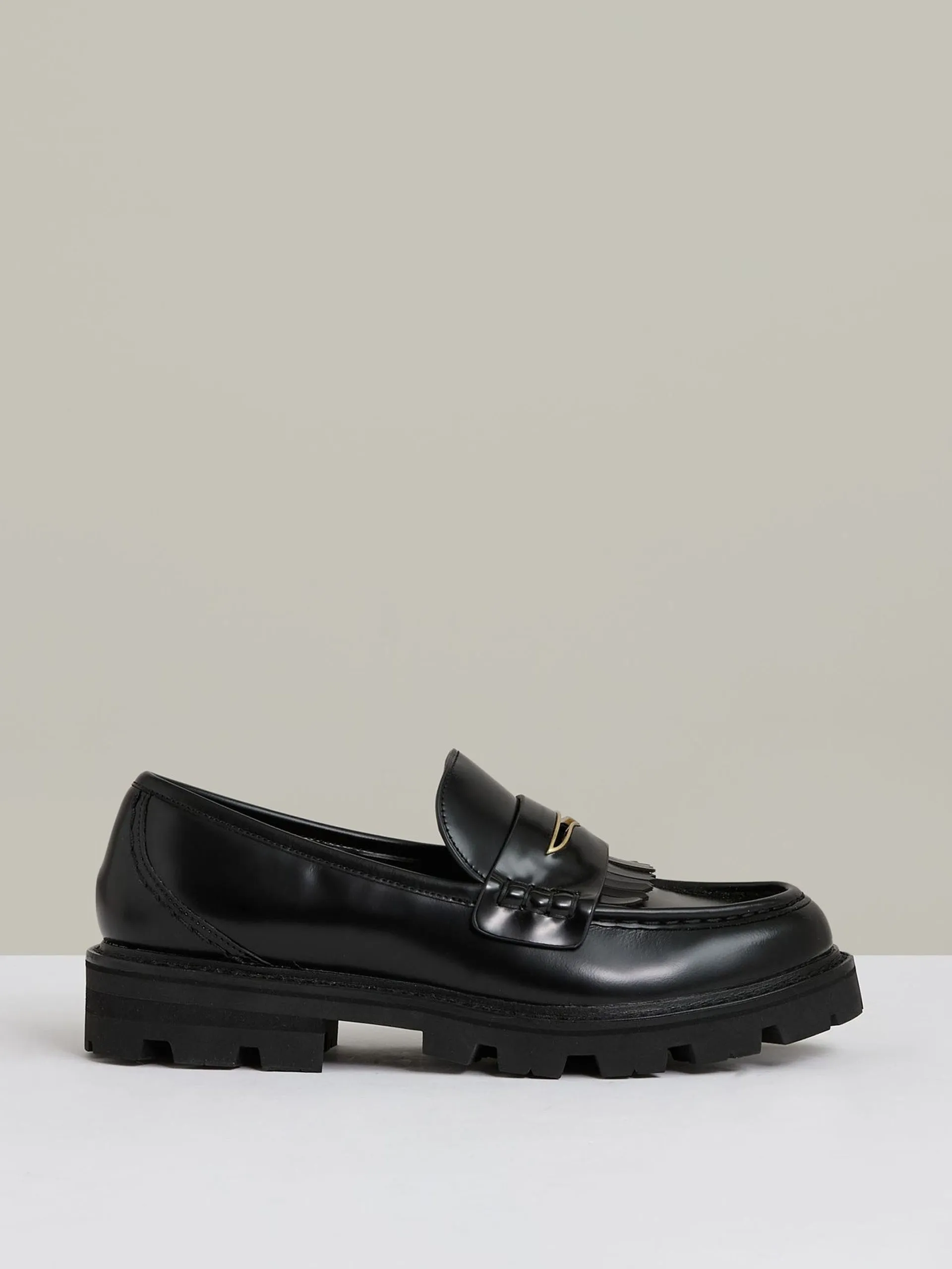 Lianna leather fringed chunky penny loafers in black