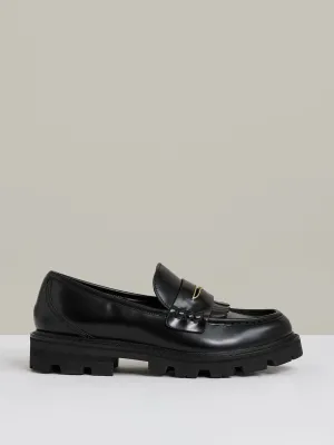 Lianna leather fringed chunky penny loafers in black