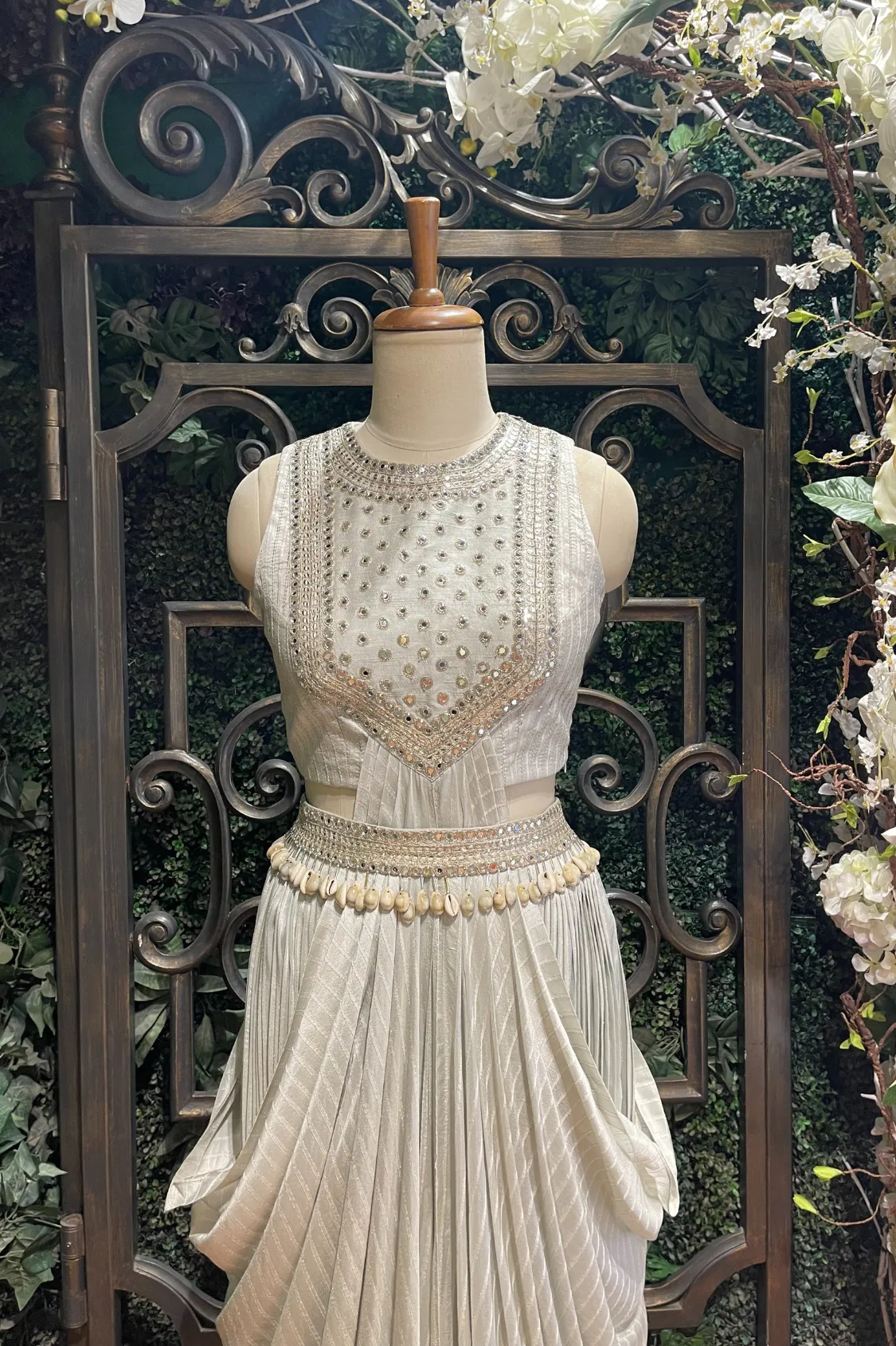 Off-White Silk Draped Skirt Set