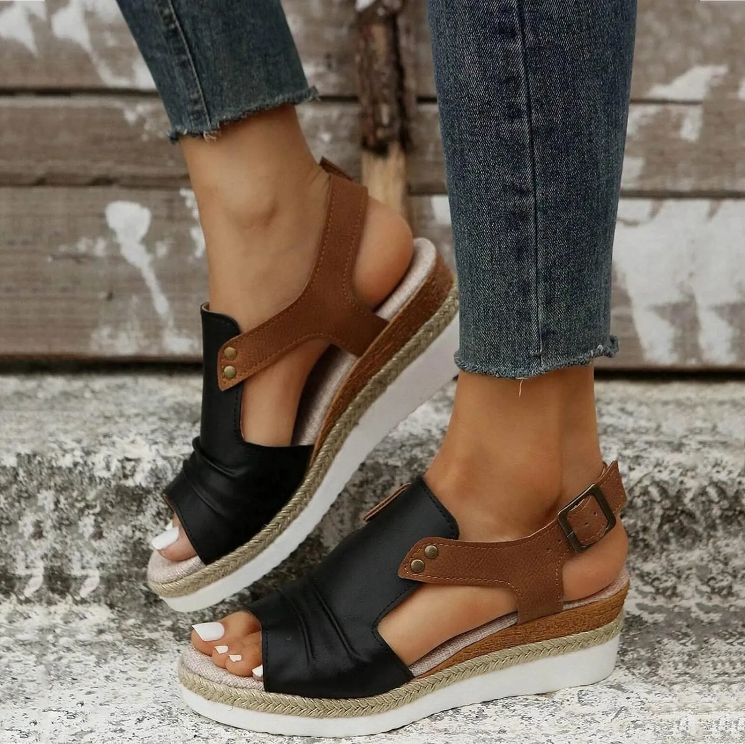 Orthopedic Platform Wedge Sandals for Women Summer Dressy 2023 Flat Open Toe Ankle Strap Espadrilles Sandals Casual Strappy Slip on Sandals Beach Boho Sandals Comfortable Outdoor Shoes (3-Black, 8)