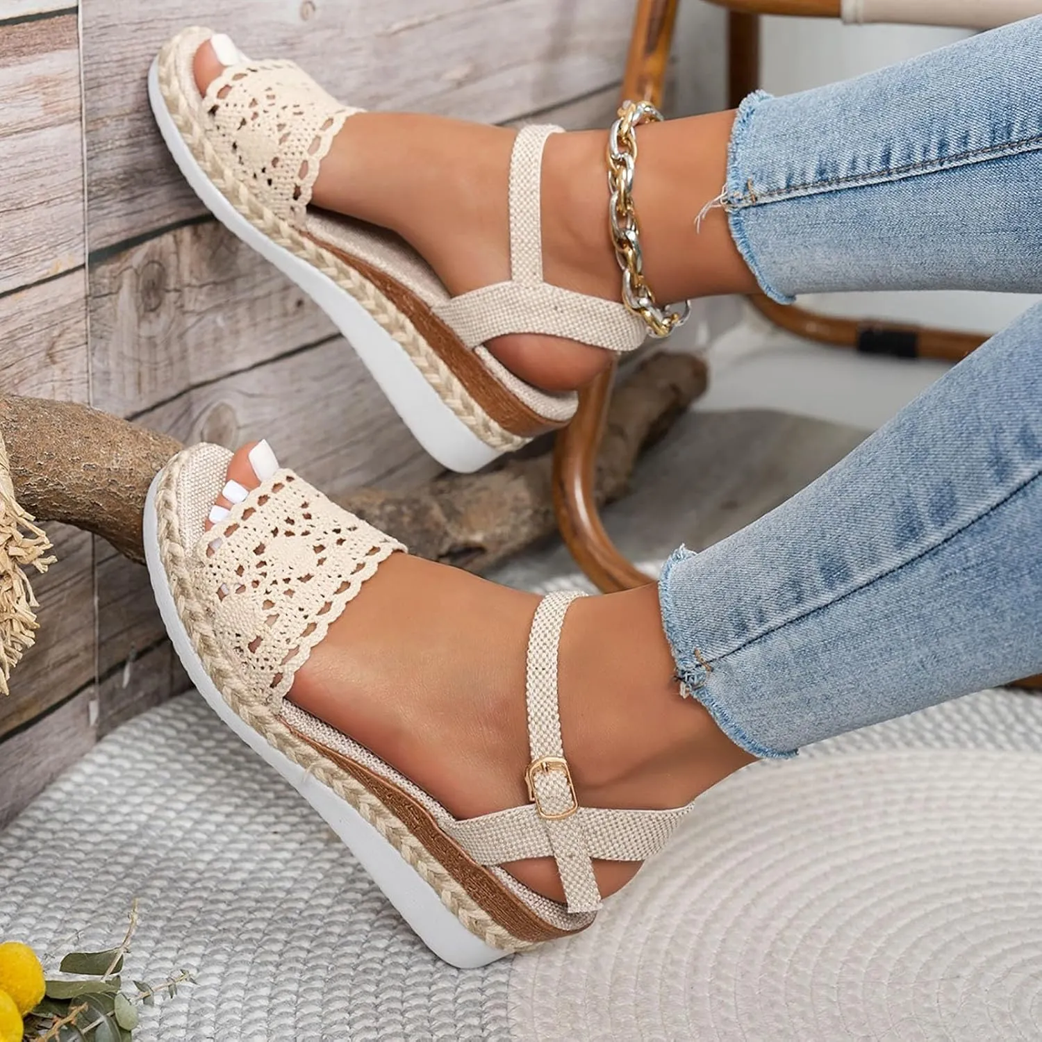 Orthopedic Platform Wedge Sandals for Women Summer DressyOpen Toe Lace Backless Espadrille Wedge Heel Sandals Beach Vacation Walking Fashionable Comfortable Outdoor Shoes