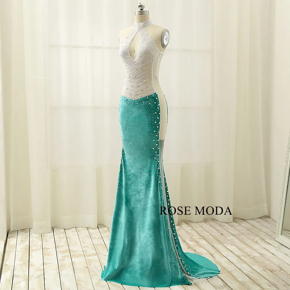 Rosemoda Delicate Crystal Illusion Sheath Velvet Long Evening Dress