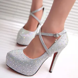 Round Toe Shinning Rhinestone Ankle Wraps Stiletto High Heels Party Shoes