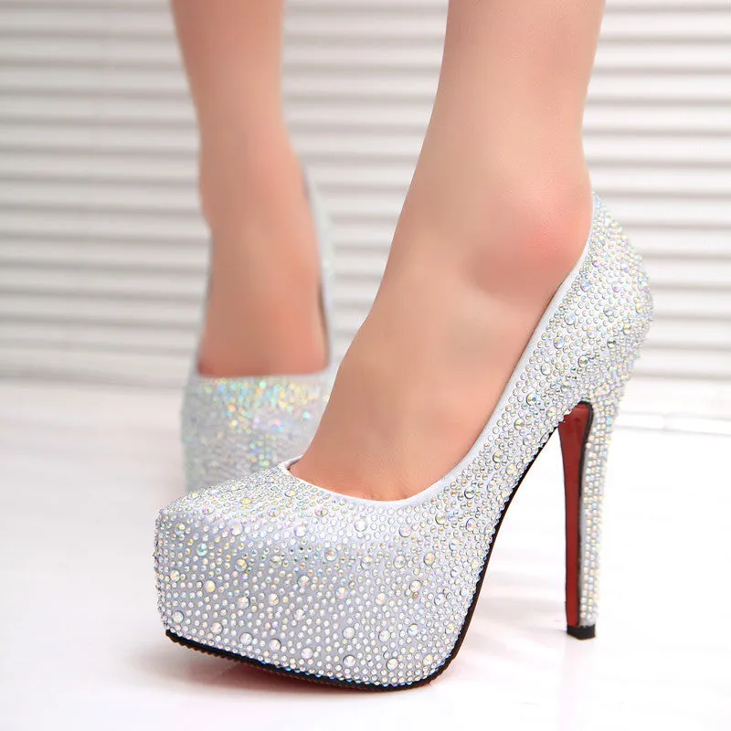 Round Toe Shinning Rhinestone Ankle Wraps Stiletto High Heels Party Shoes
