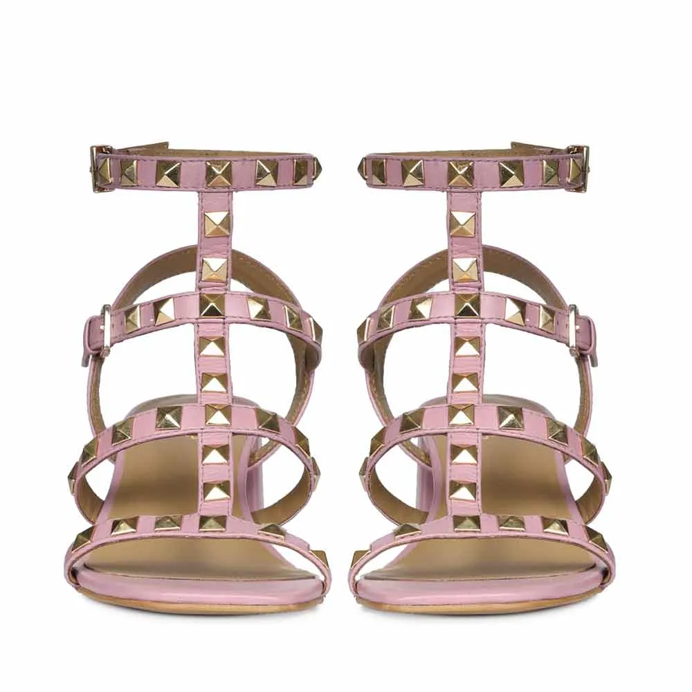 Saint Angela Lilac Leather Metal Studded Block Heels