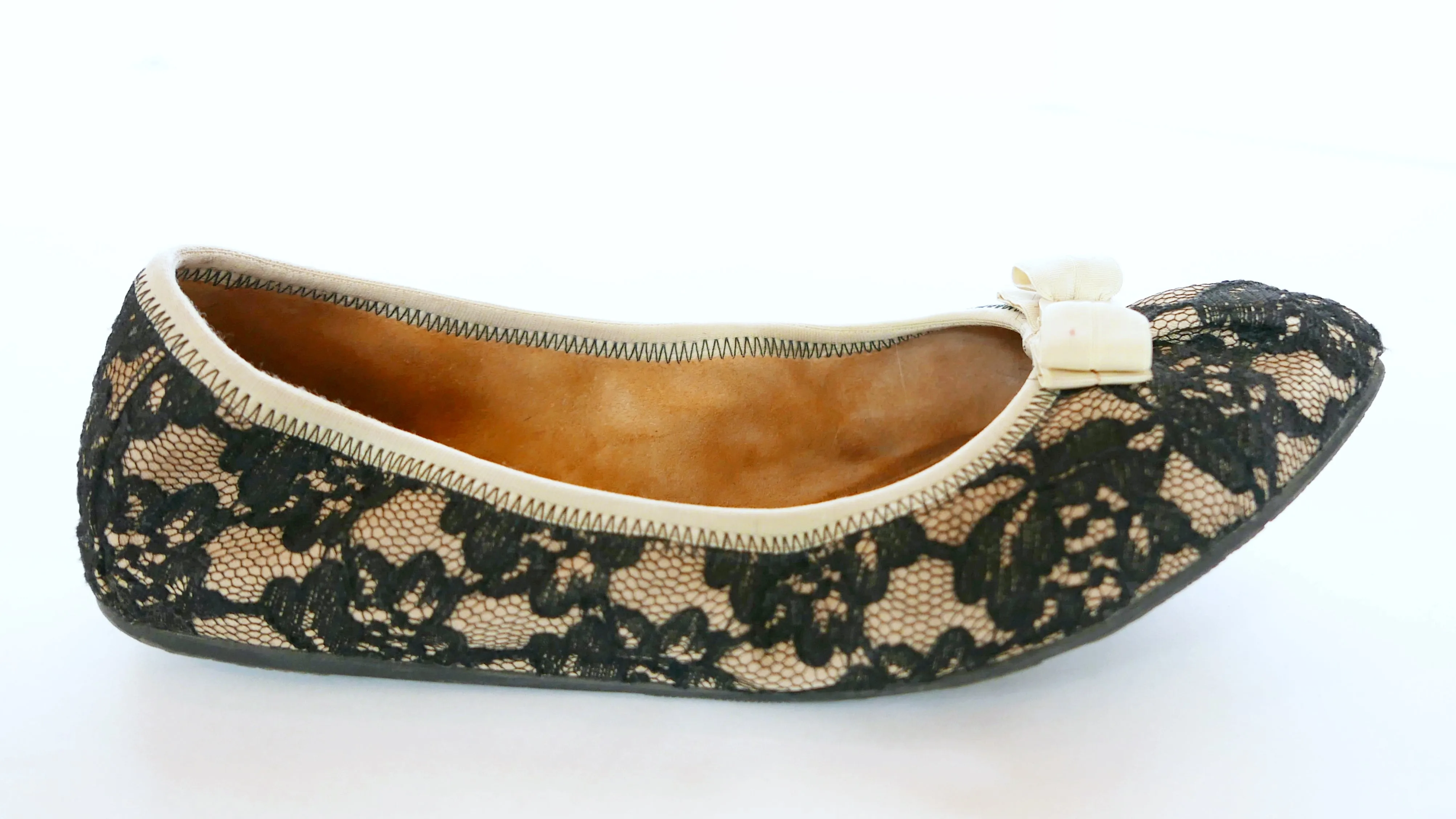 SALVATORE FERRAGAMO BLACK/BEIGE MY BELLE LACE BALLET FLATS (8)