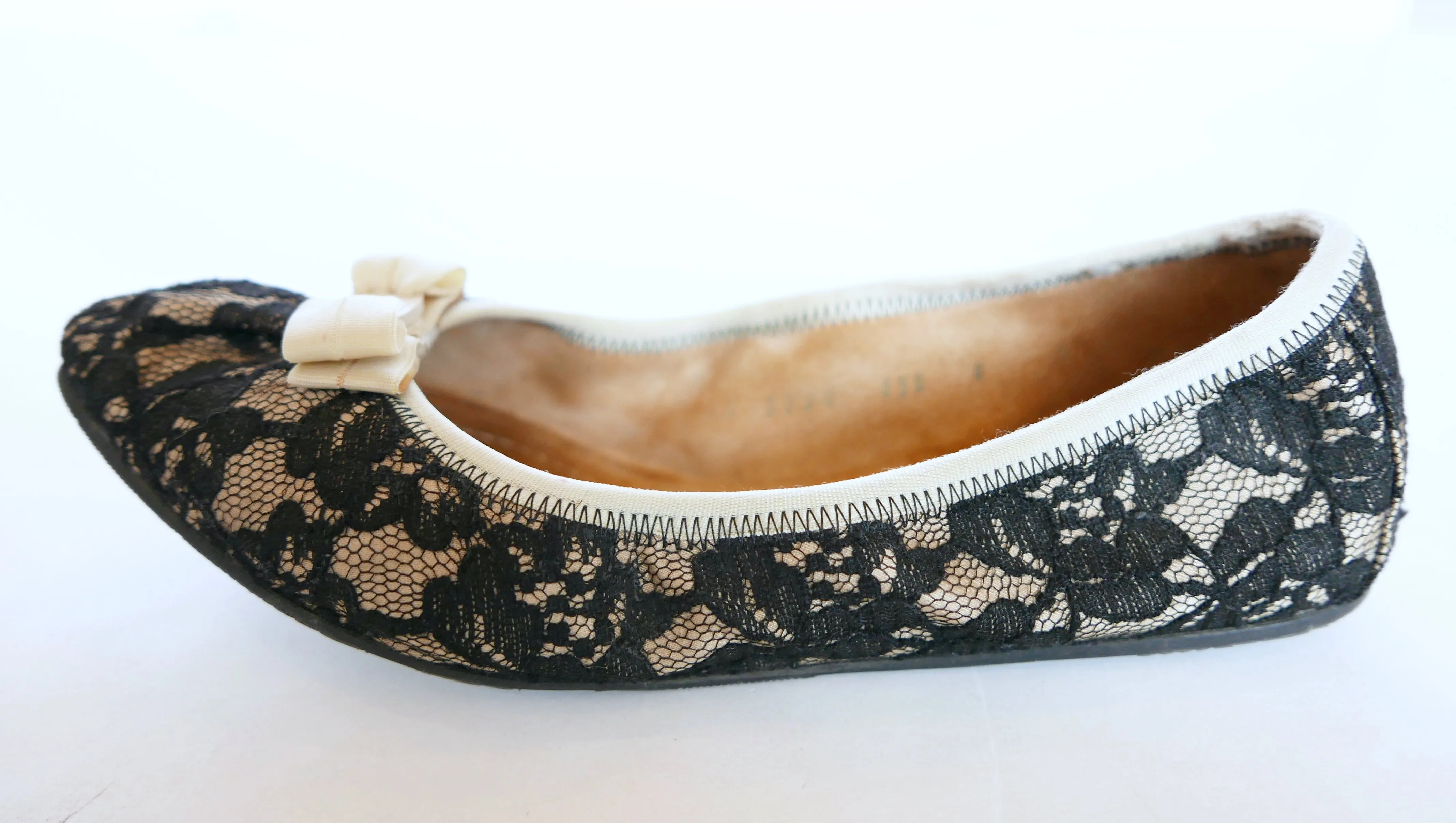 SALVATORE FERRAGAMO BLACK/BEIGE MY BELLE LACE BALLET FLATS (8)