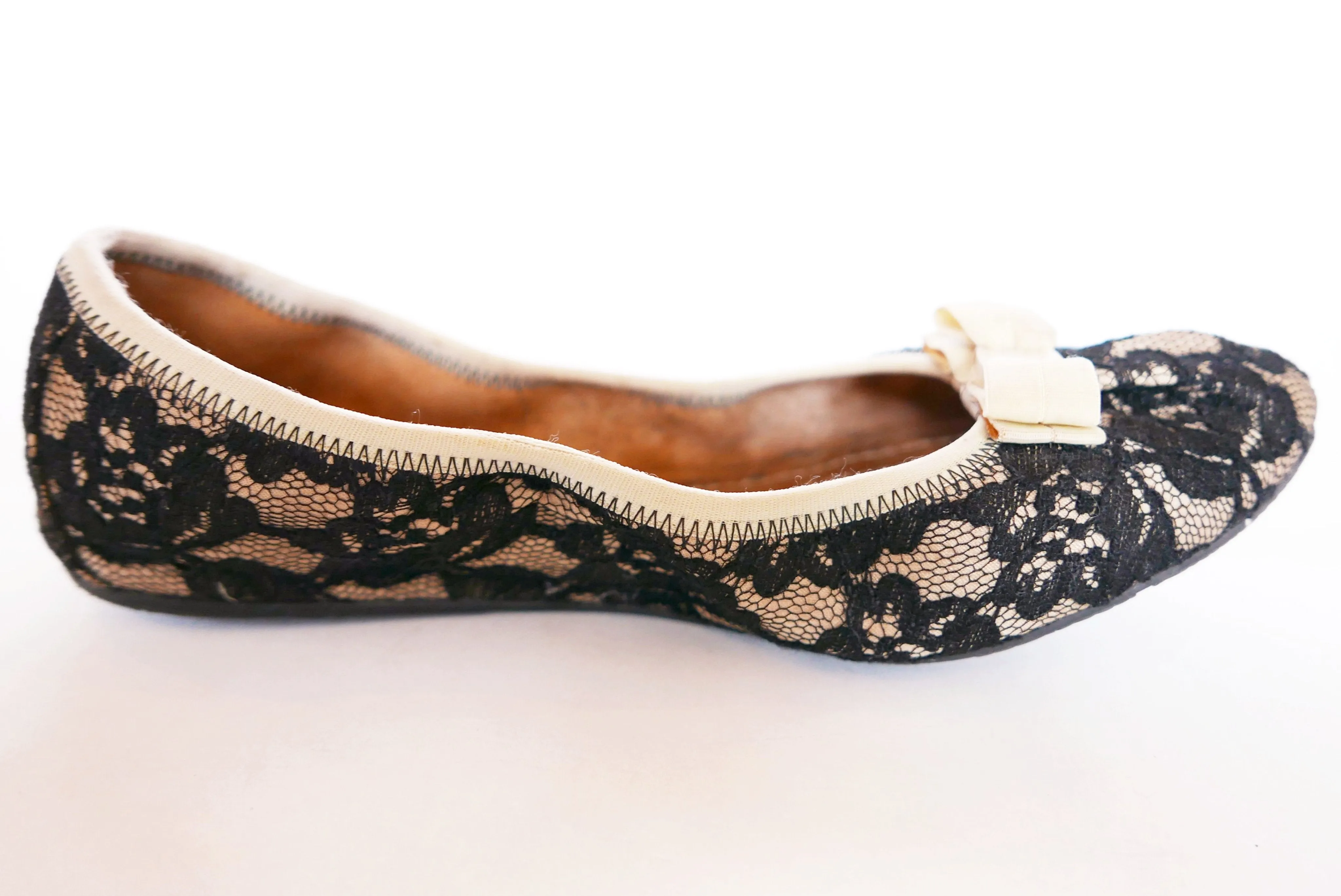 SALVATORE FERRAGAMO BLACK/BEIGE MY BELLE LACE BALLET FLATS (8)
