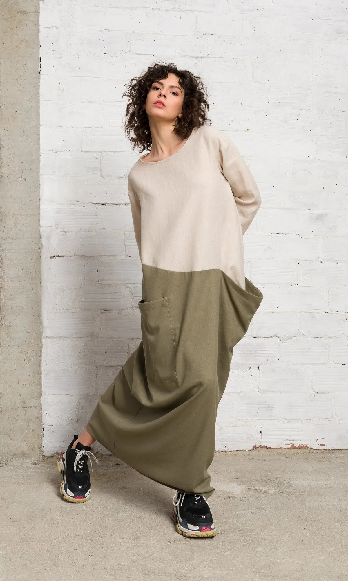 Two-Tone Linen Baggy Dress