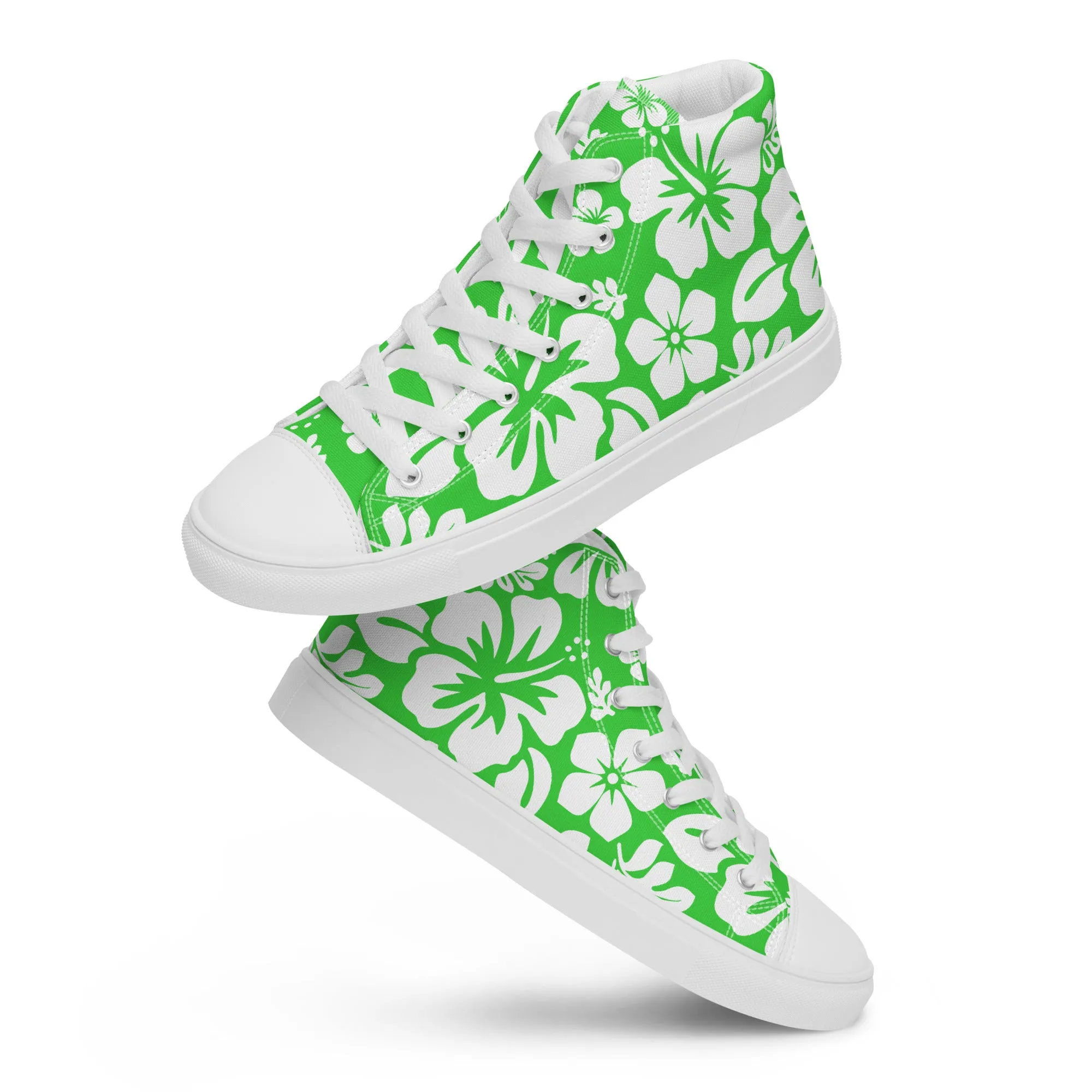 Women's Lime Green and White Hawaiian Print High Top Canvas Shoes