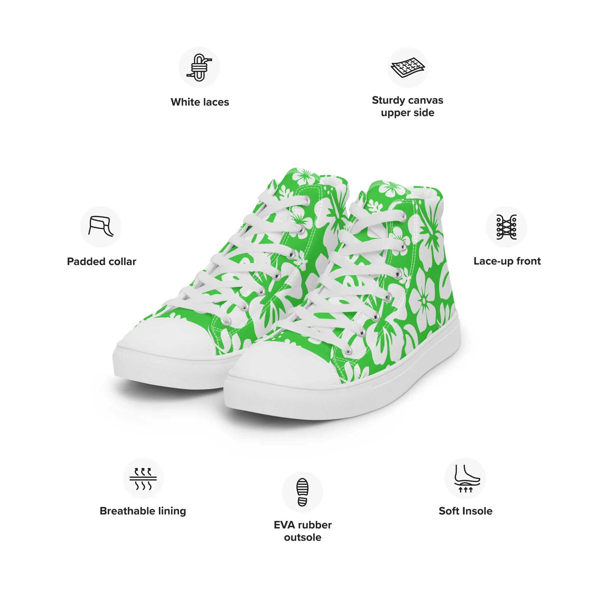 Women's Lime Green and White Hawaiian Print High Top Canvas Shoes