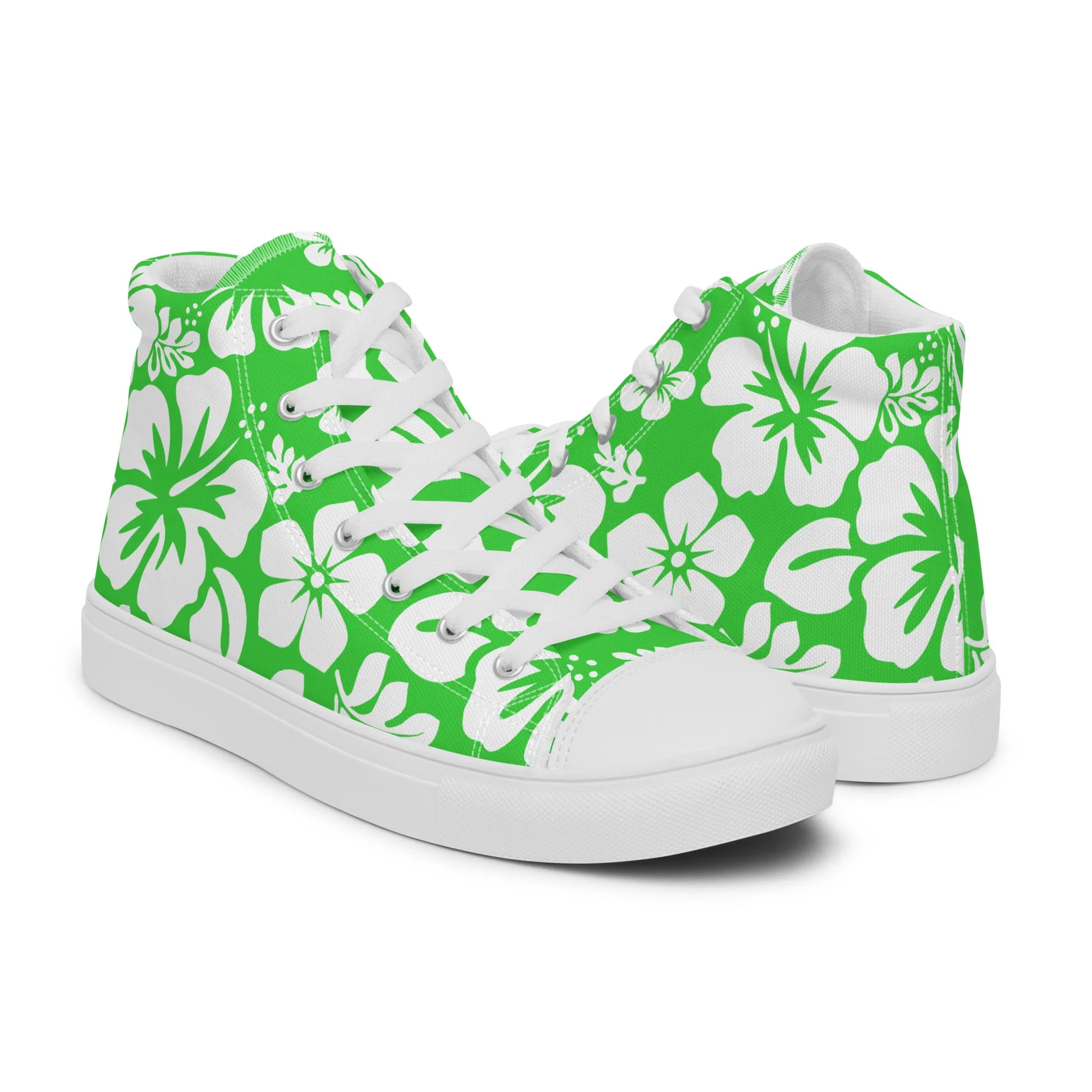 Women's Lime Green and White Hawaiian Print High Top Canvas Shoes