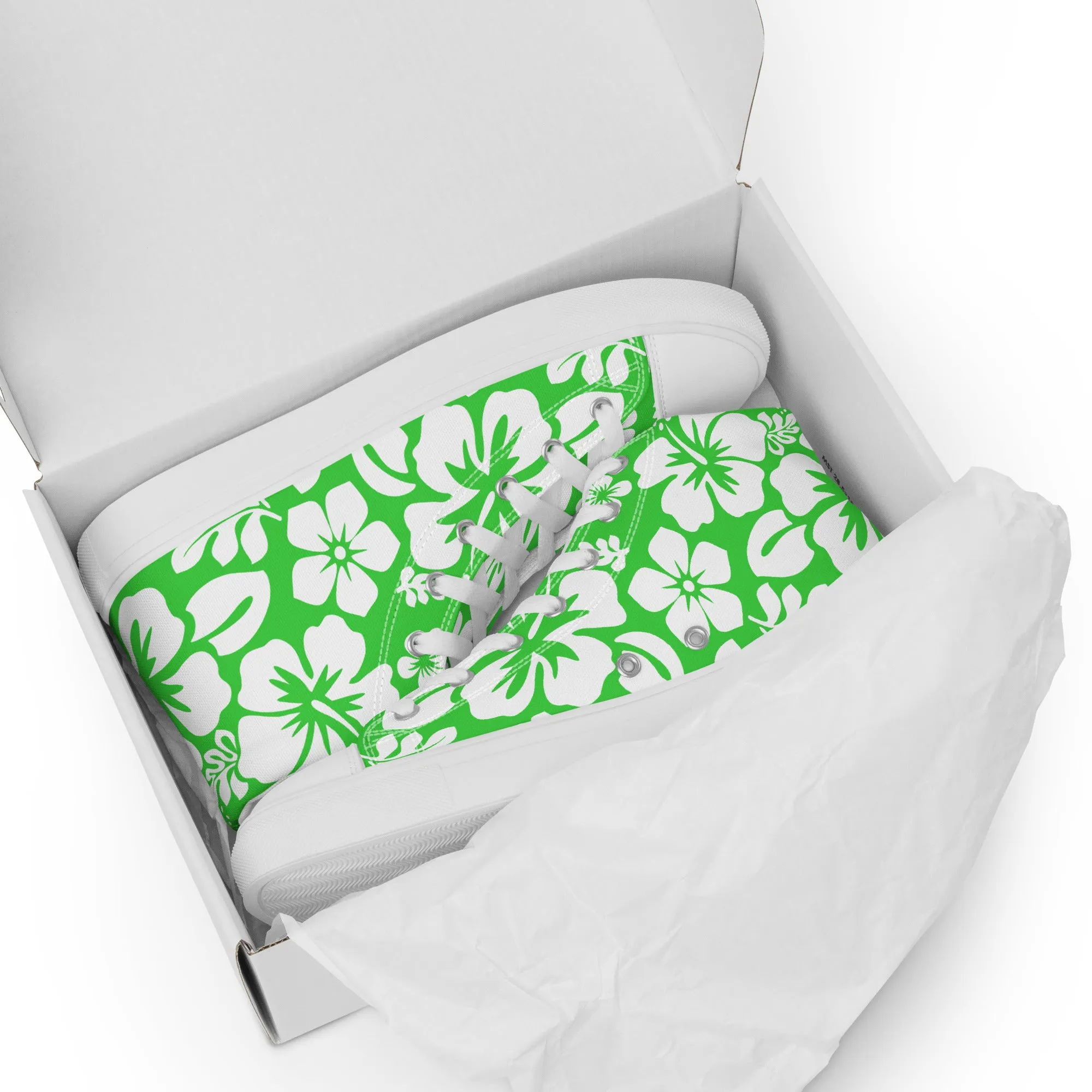Women's Lime Green and White Hawaiian Print High Top Canvas Shoes